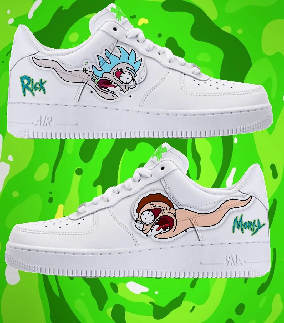 Custom AF 1s Shoes Rick and Morty Theme Green Accents