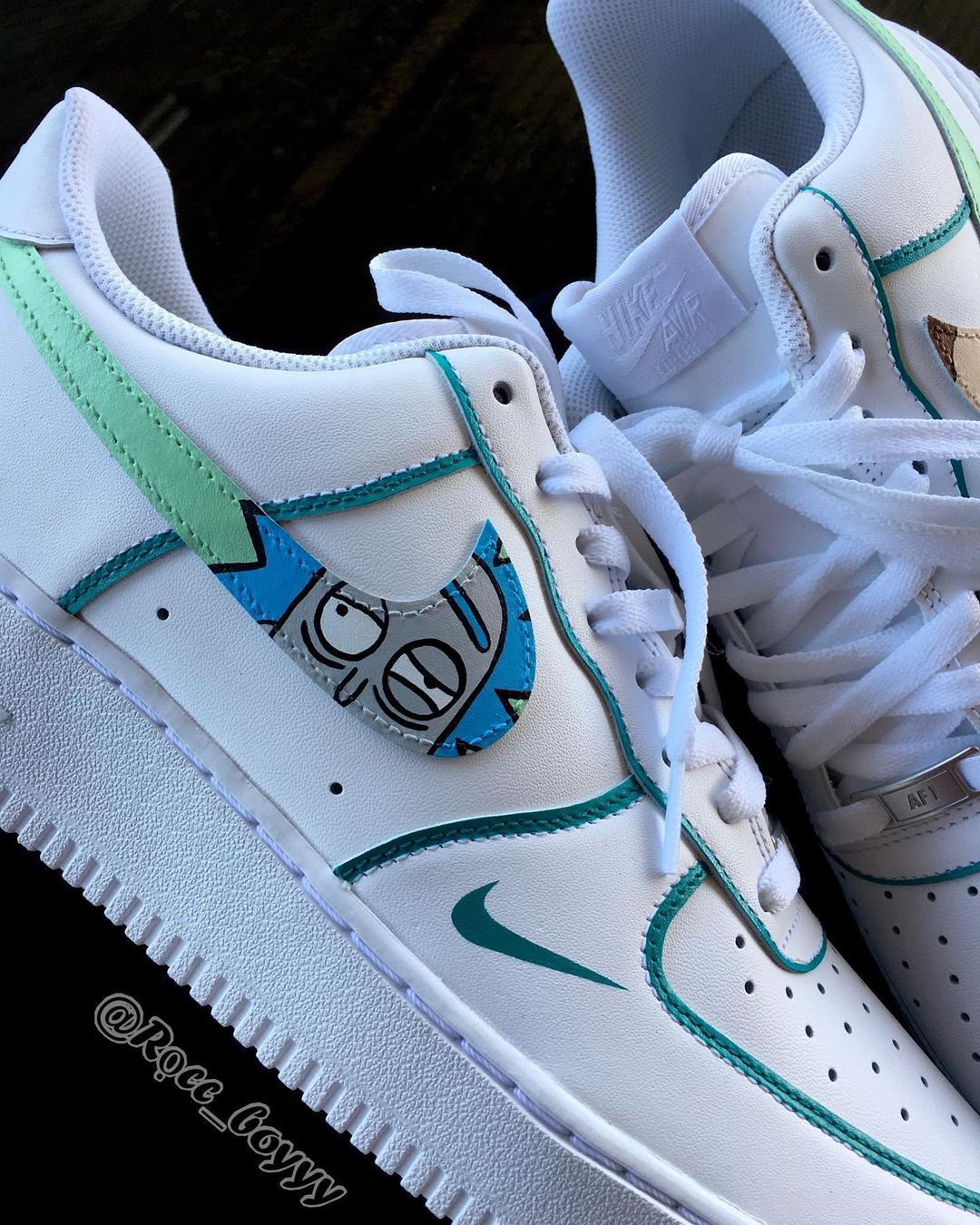 Custom AF 1s Shoes Rick And Morty Theme Teal Green