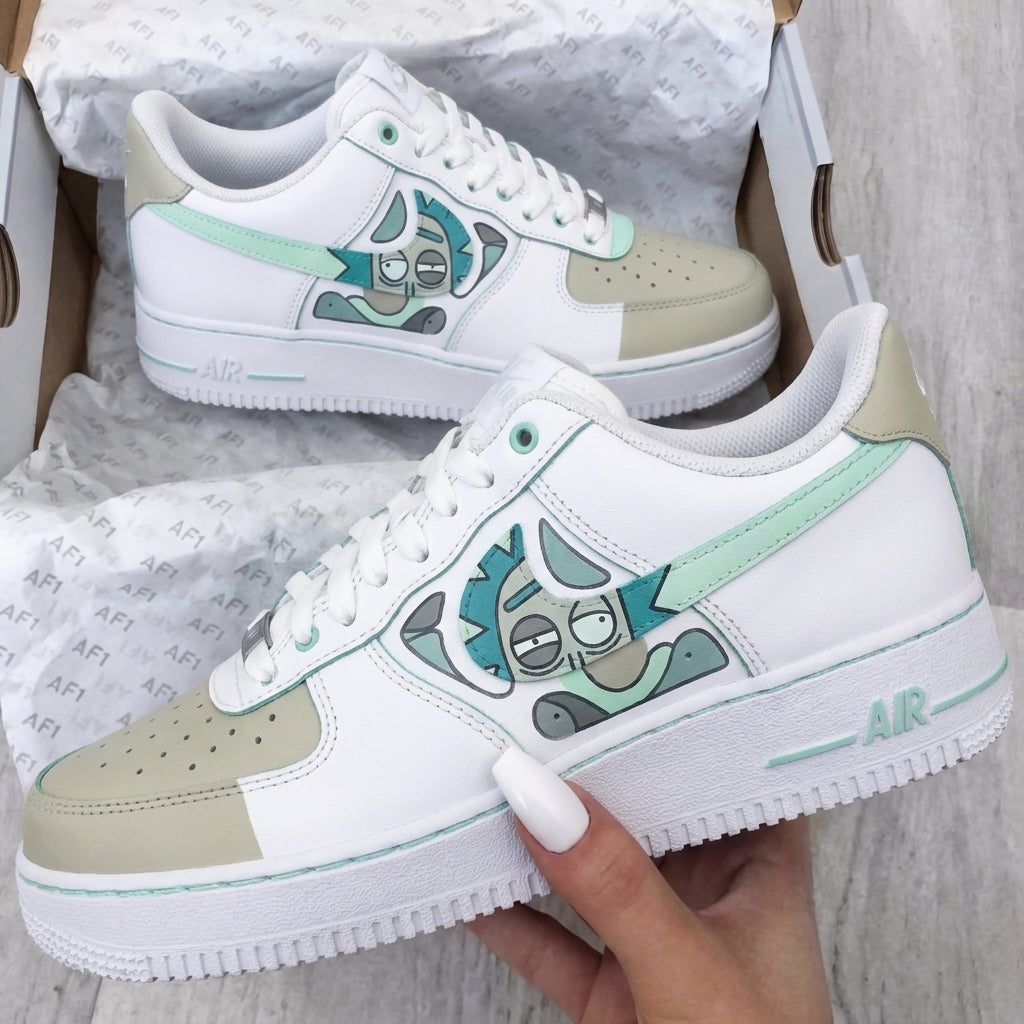 Custom AF 1s Shoes Rick Sanchez Cartoon Light Green Beige
