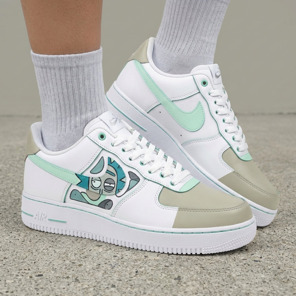 Custom AF 1s Shoes Rick Sanchez Cartoon Light Green Beige