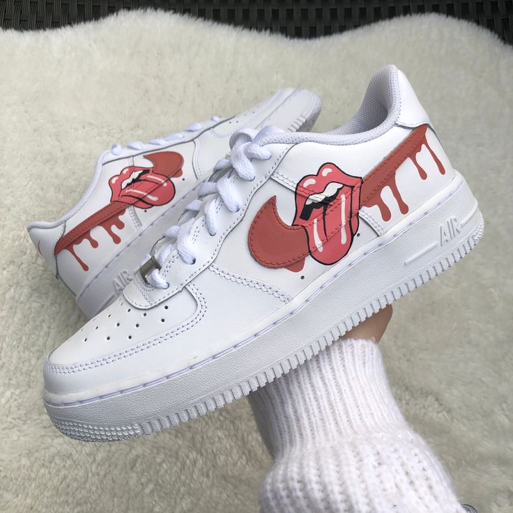 Custom AF 1s Shoes Rolling Stones Logo Red Color