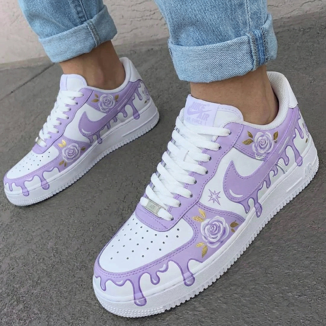 Custom AF 1s Shoes Rose Drip Design Lavender