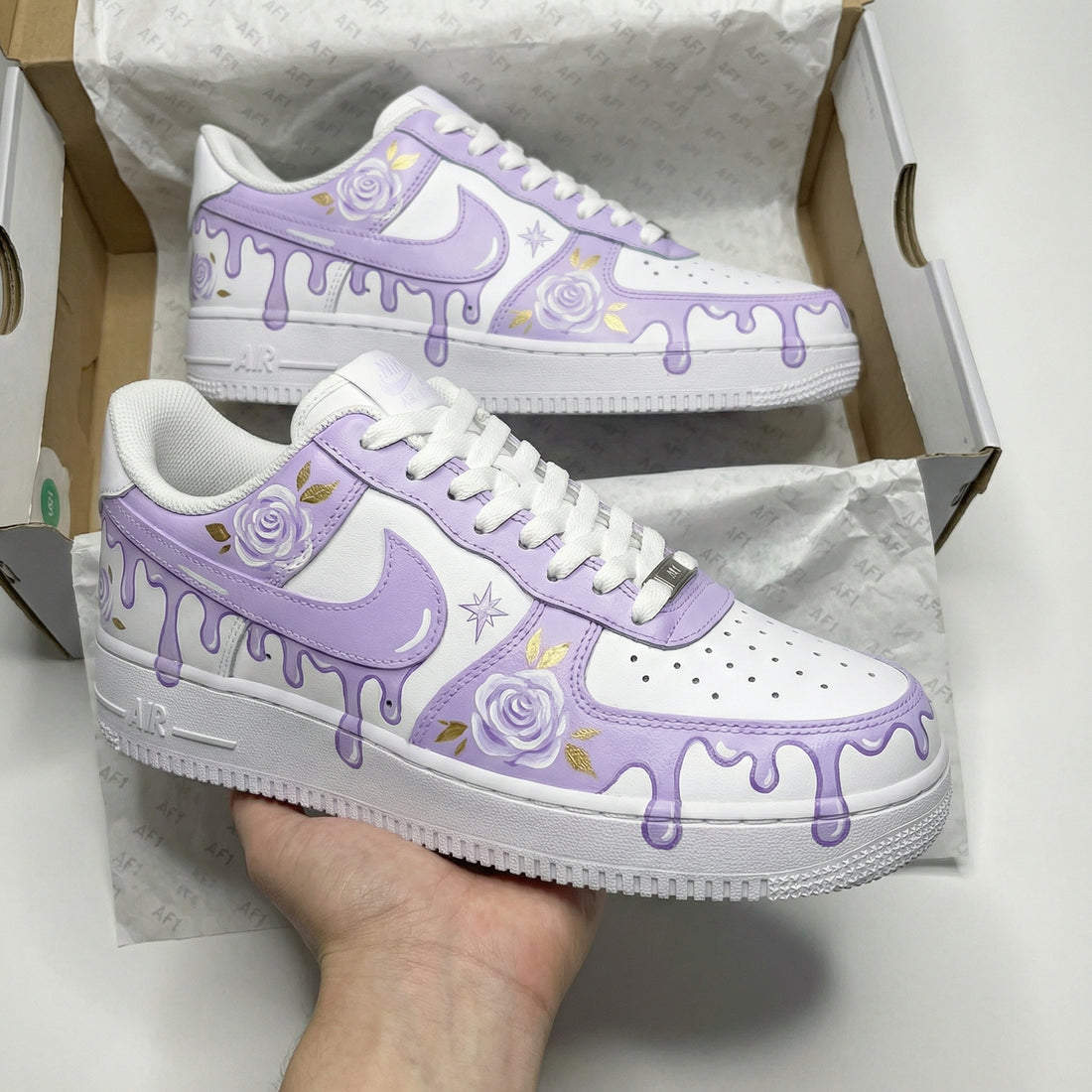 Custom AF 1s Shoes Rose Drip Design Lavender
