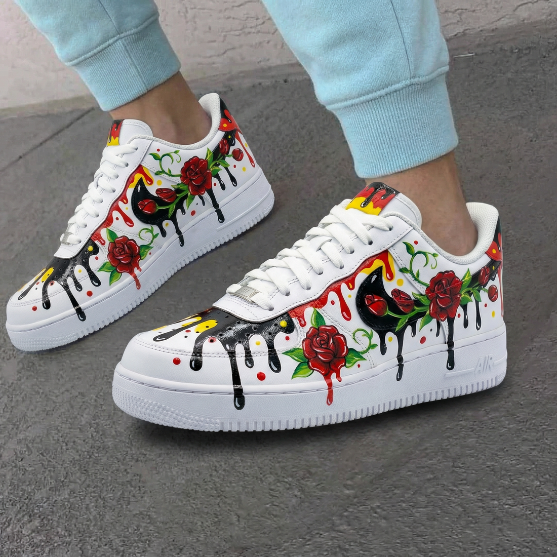 Custom AF 1s Shoes Rose Drip Design Red Black