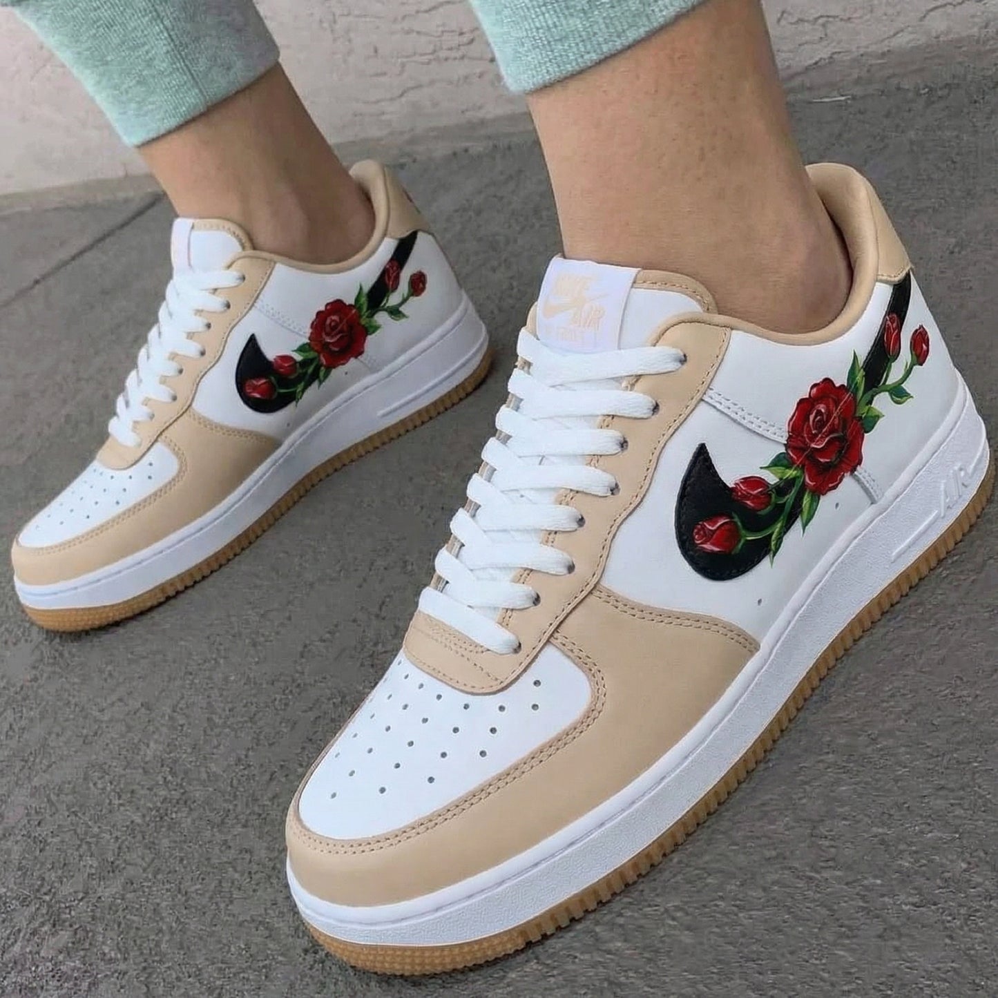 Custom AF 1s Shoes Rose Pattern Beige Red