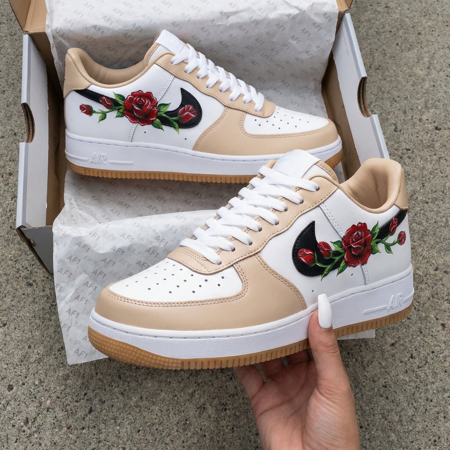 Custom AF 1s Shoes Rose Pattern Beige Red