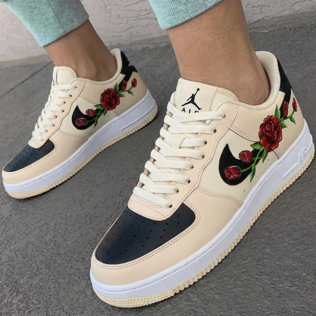 Custom AF 1s Shoes Rose Pattern Black Beige