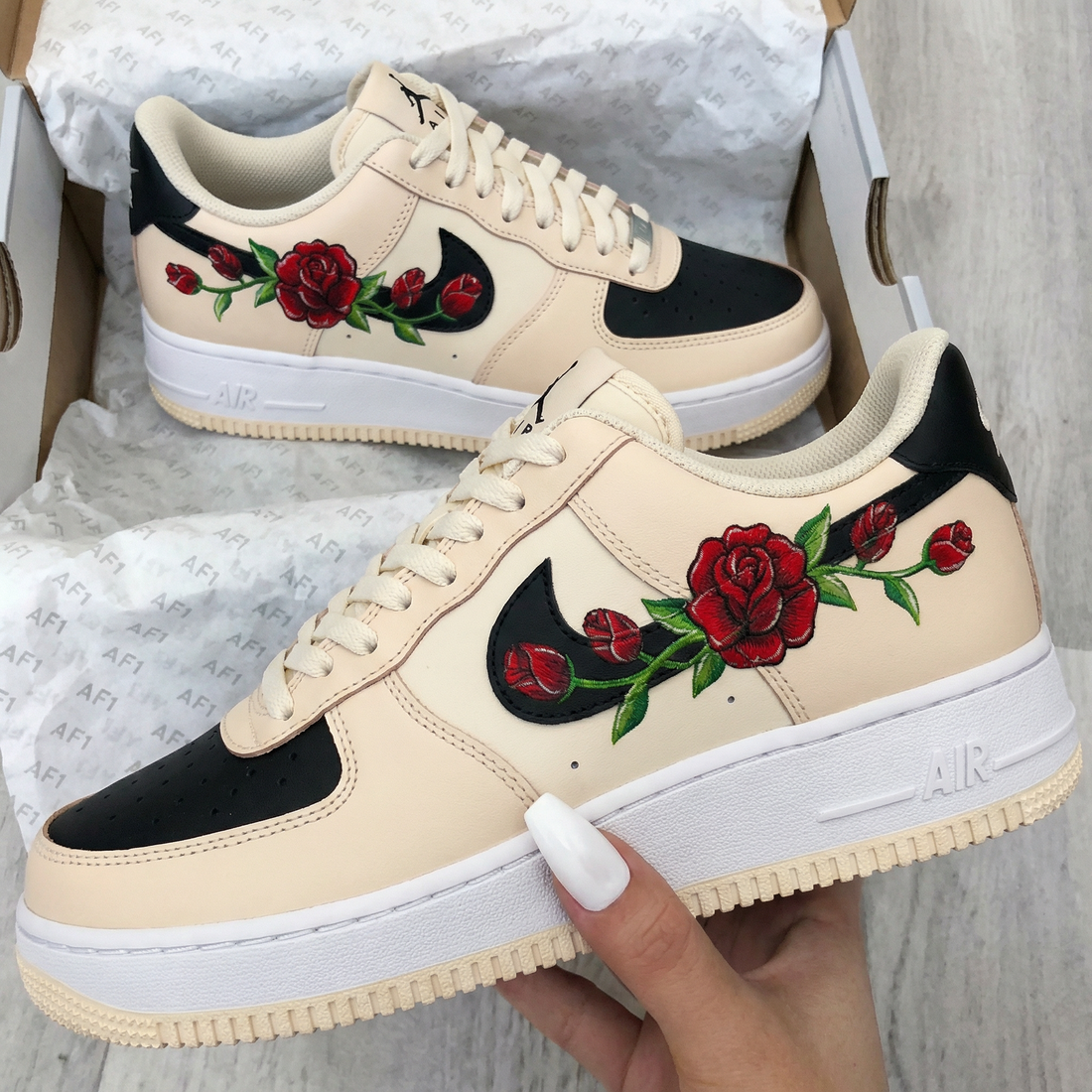 Custom AF 1s Shoes Rose Pattern Black Beige