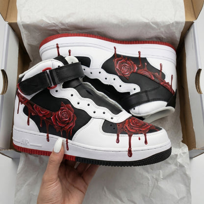 Custom AF 1s Shoes Rose Pattern Black Red