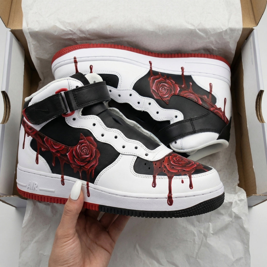 Custom AF 1s Shoes Rose Pattern Black Red