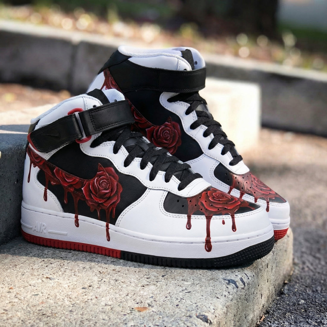 Custom AF 1s Shoes Rose Pattern Black Red