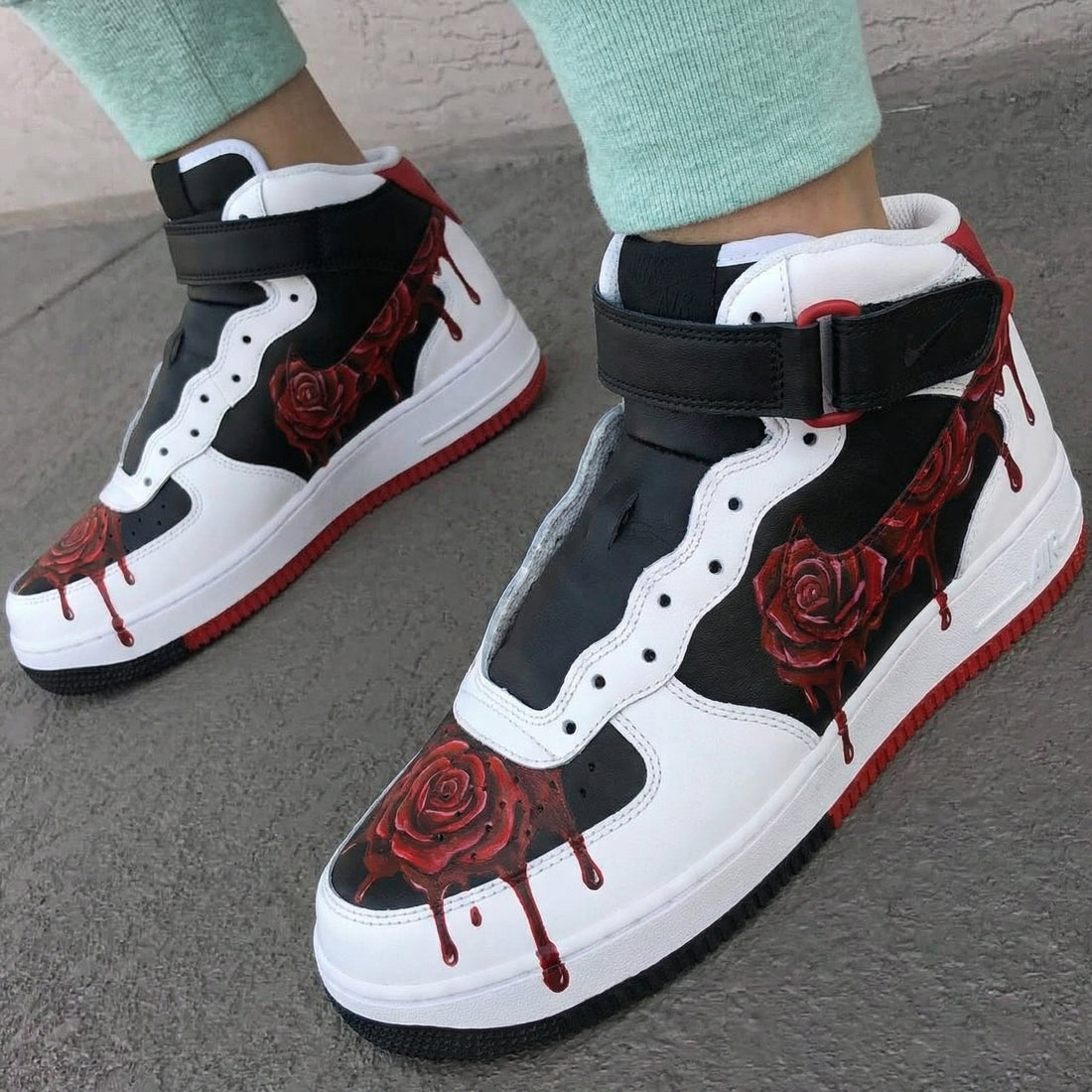 Custom AF 1s Shoes Rose Pattern Black Red