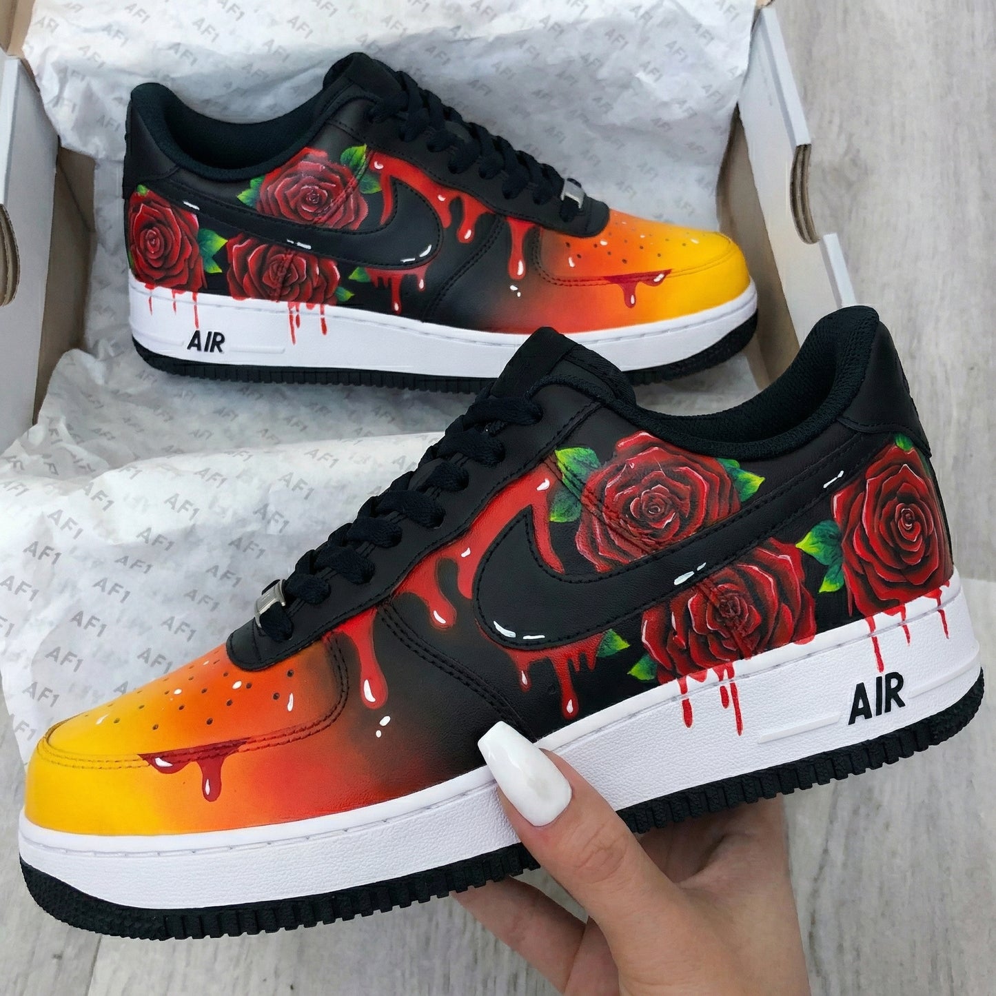 Custom AF 1s Shoes Rose Pattern Orange Black