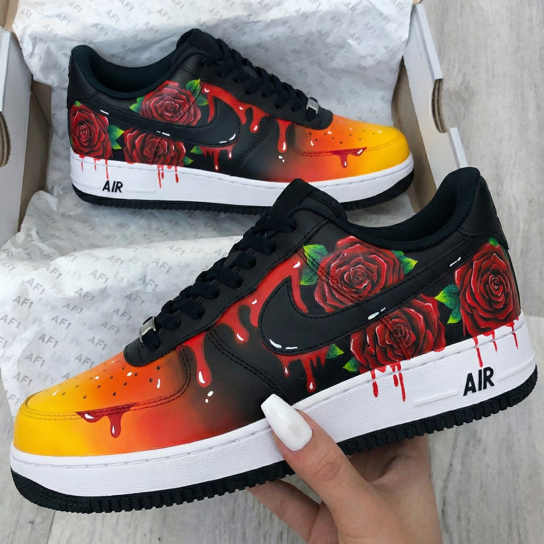 Custom AF 1s Shoes Rose Pattern Orange Black
