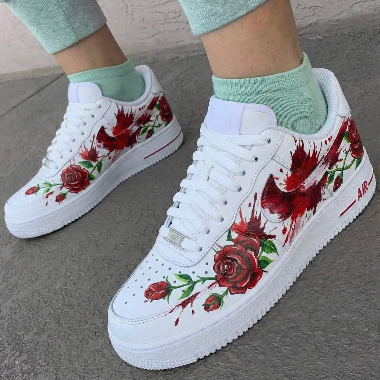 Custom AF 1s Shoes Rose Pattern Red Green