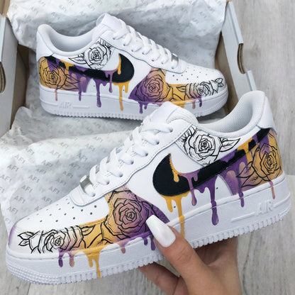 Custom AF 1s Shoes Rose Pattern Yellow Purple