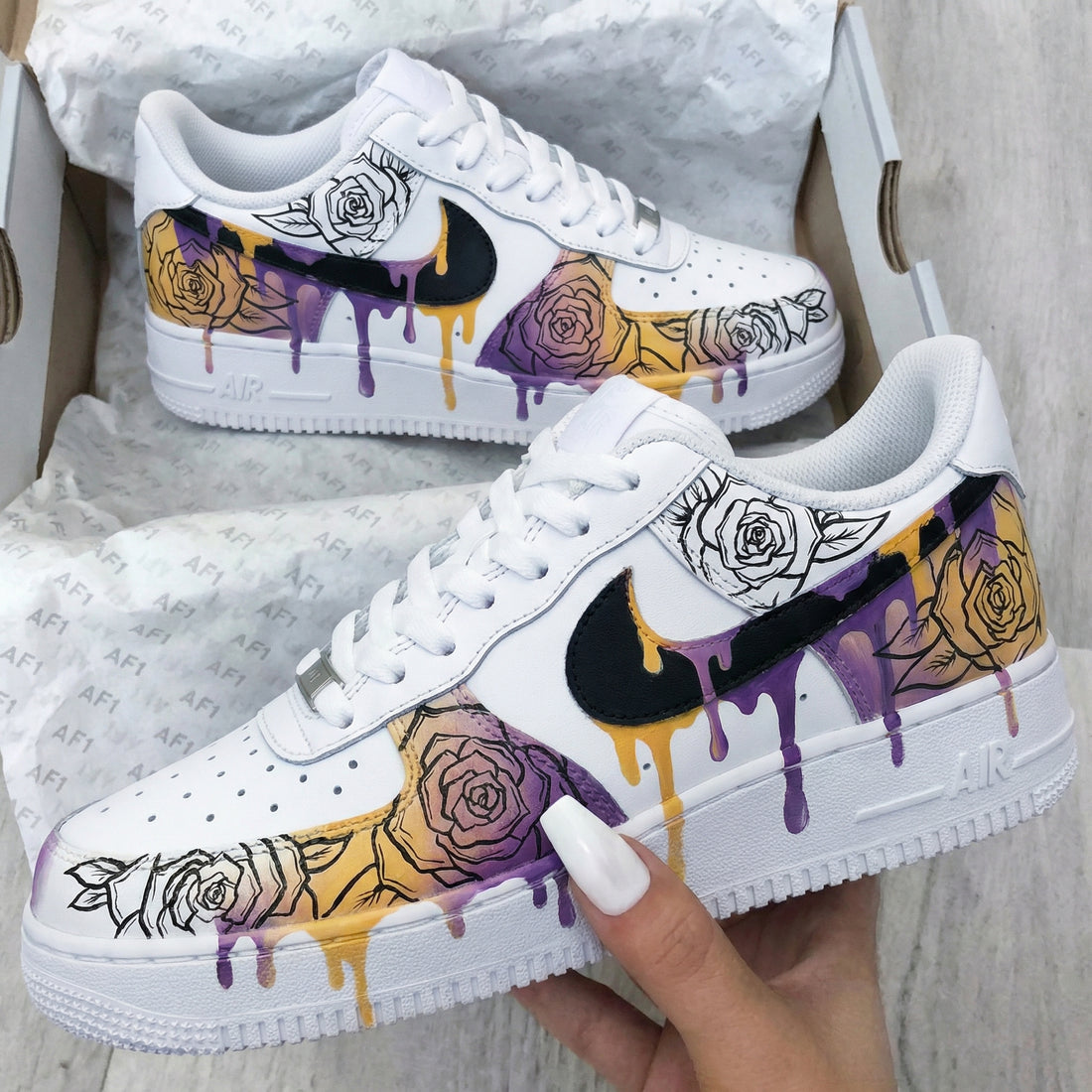 Custom AF 1s Shoes Rose Pattern Yellow Purple