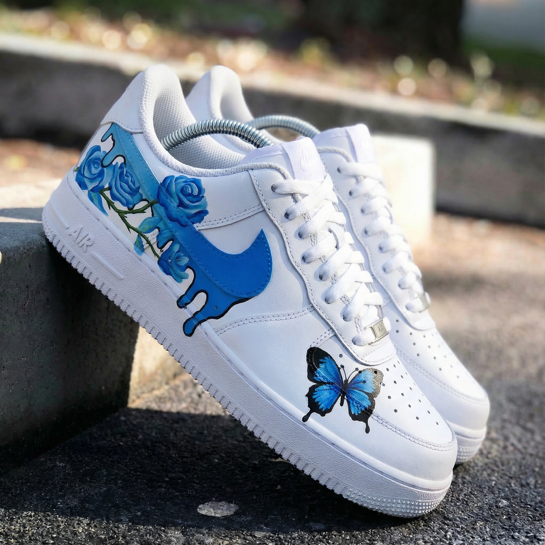 Custom AF 1s Shoes Royal Blue Rose Butterfly Drip