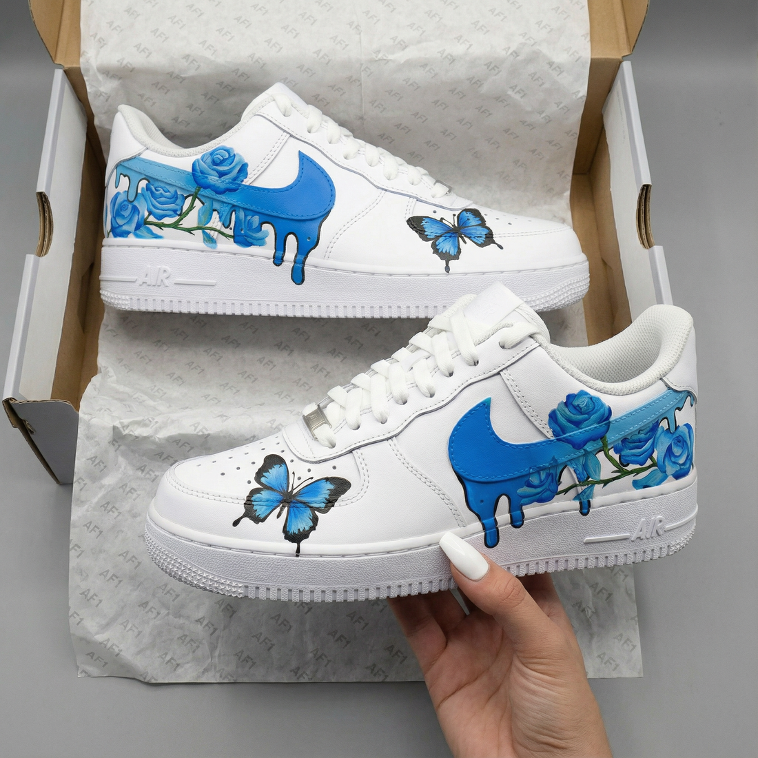 Custom AF 1s Shoes Royal Blue Rose Butterfly Drip