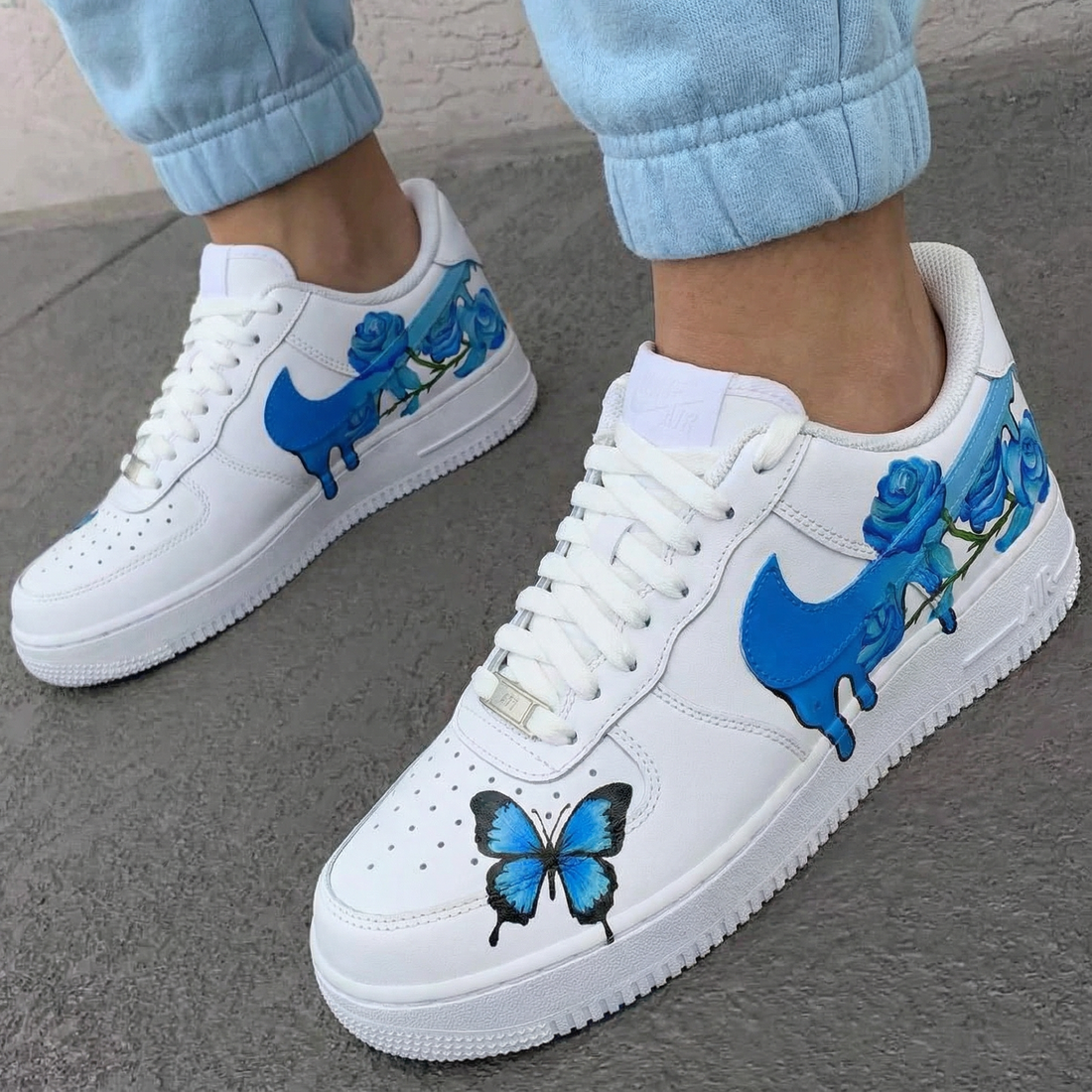 Custom AF 1s Shoes Royal Blue Rose Butterfly Drip