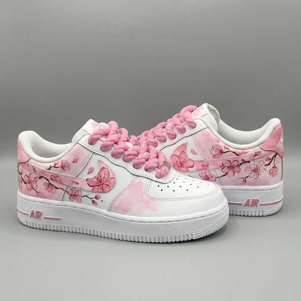 Custom AF 1s Shoes Sakura Pattern Baby Pink Thick Shoelaces
