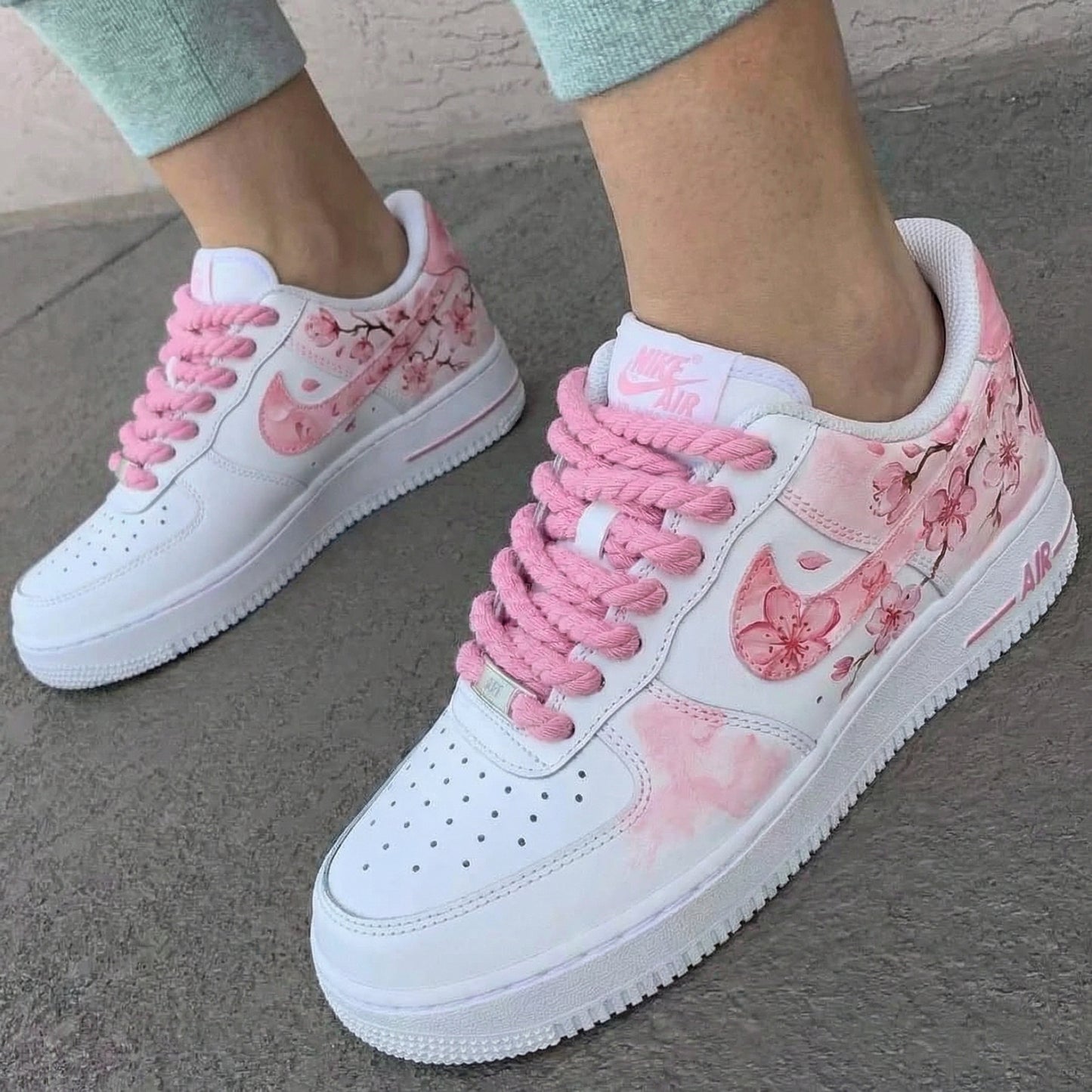 Custom AF 1s Shoes Sakura Pattern Baby Pink Thick Shoelaces