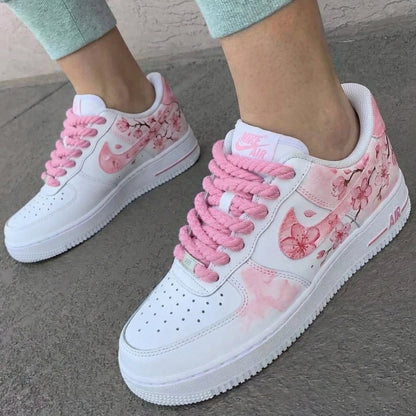 Custom AF 1s Shoes Sakura Pattern Baby Pink Thick Shoelaces