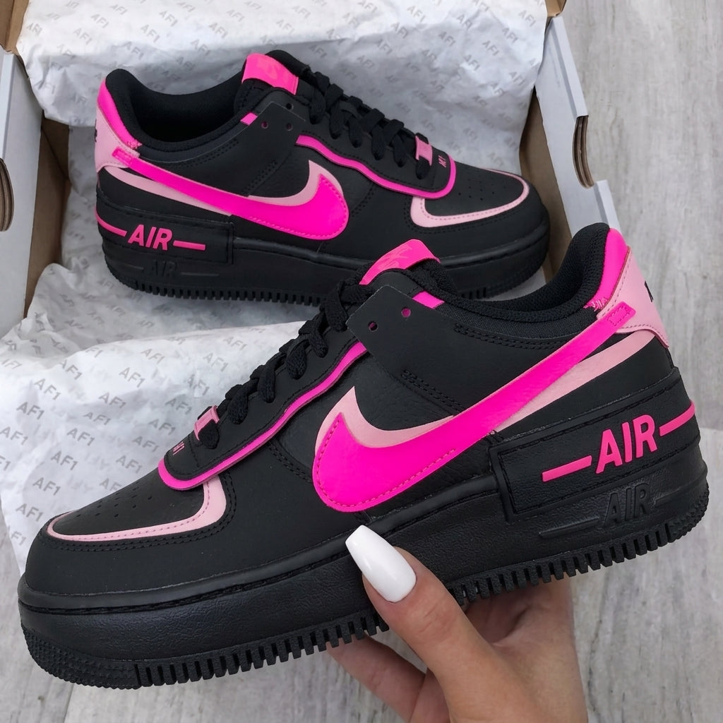 Custom AF 1s Shoes Shadow Black Neon Pink Baby Pink