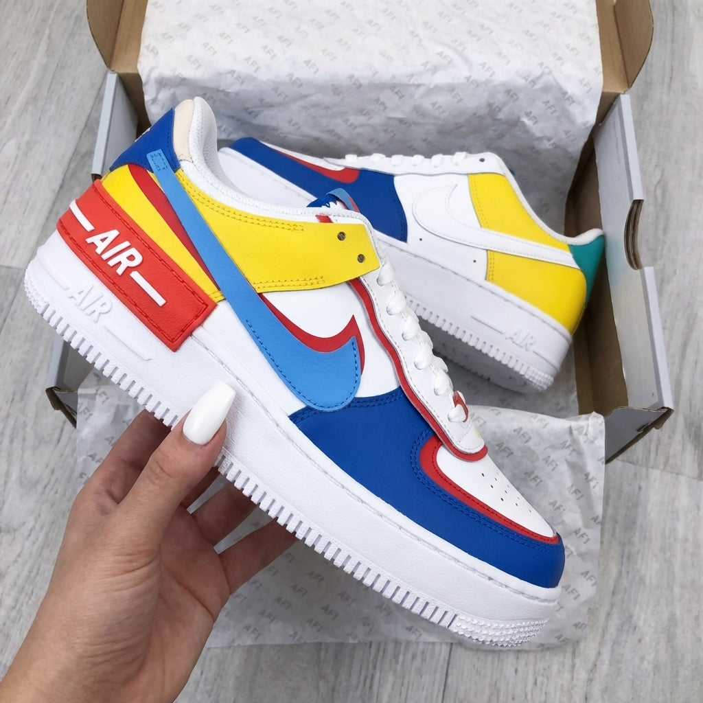 Custom AF 1s Shoes Shadow Color Blocked Red Yellow Blue