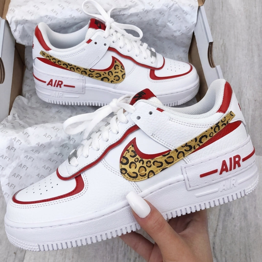 Custom AF 1s Shoes Shadow Leopard Print Red Gold