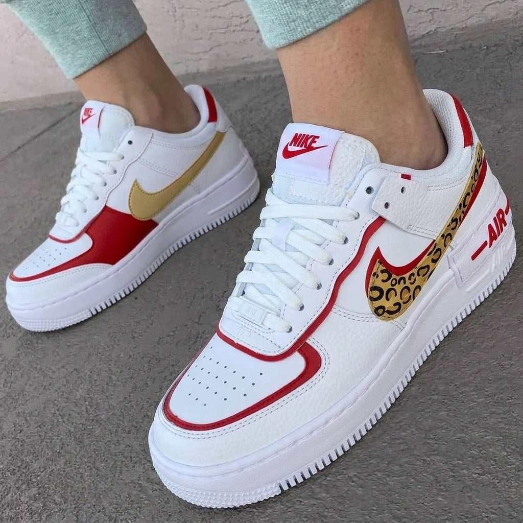 Custom AF 1s Shoes Shadow Leopard Print Red Gold