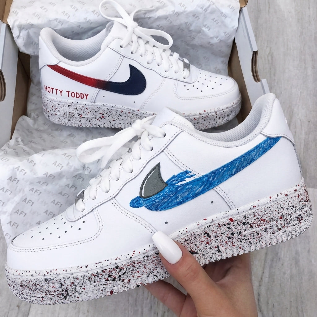 Custom AF 1s Shoes Shark Graphic Speckled Red Blue