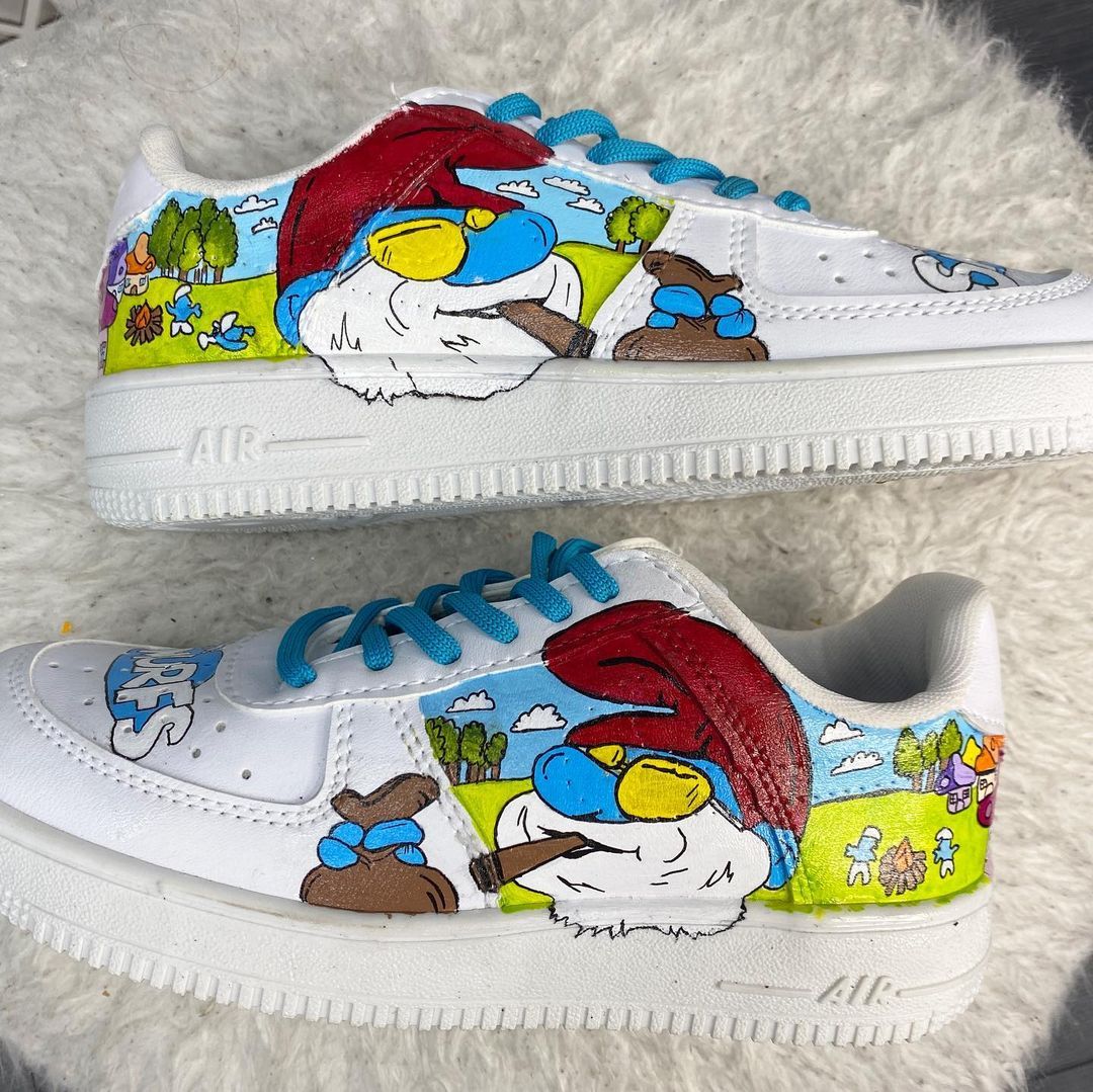 Custom AF 1s Shoes Smurfs Theme Blue Yellow