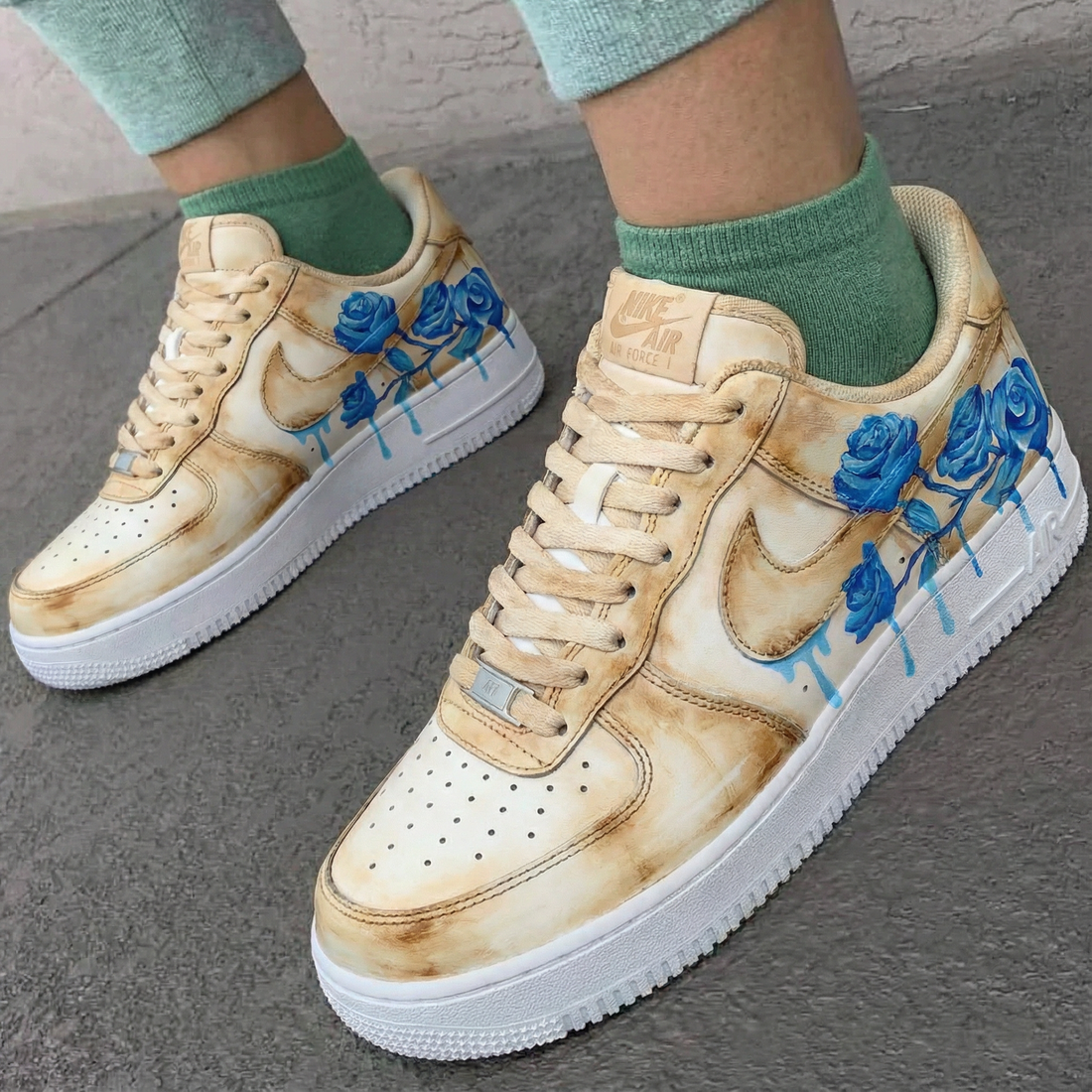 Custom AF 1s Shoes Soft Blue Roses Beige Background