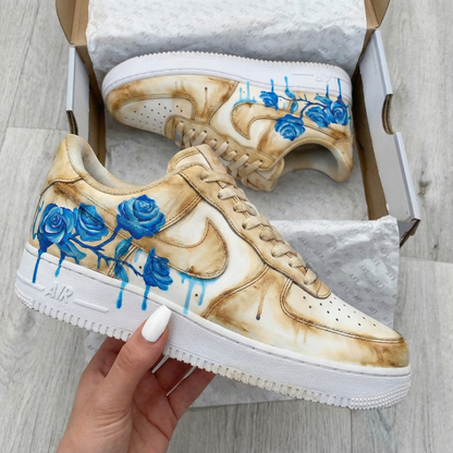 Custom AF 1s Shoes Soft Blue Roses Beige Background
