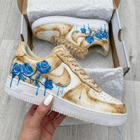 Custom AF 1s Shoes Soft Blue Roses Beige Background