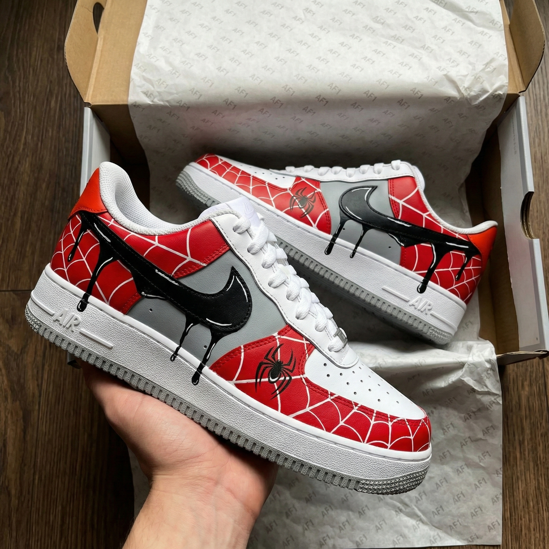 Custom AF 1s Shoes Spider Web Spiders Red Black Gray