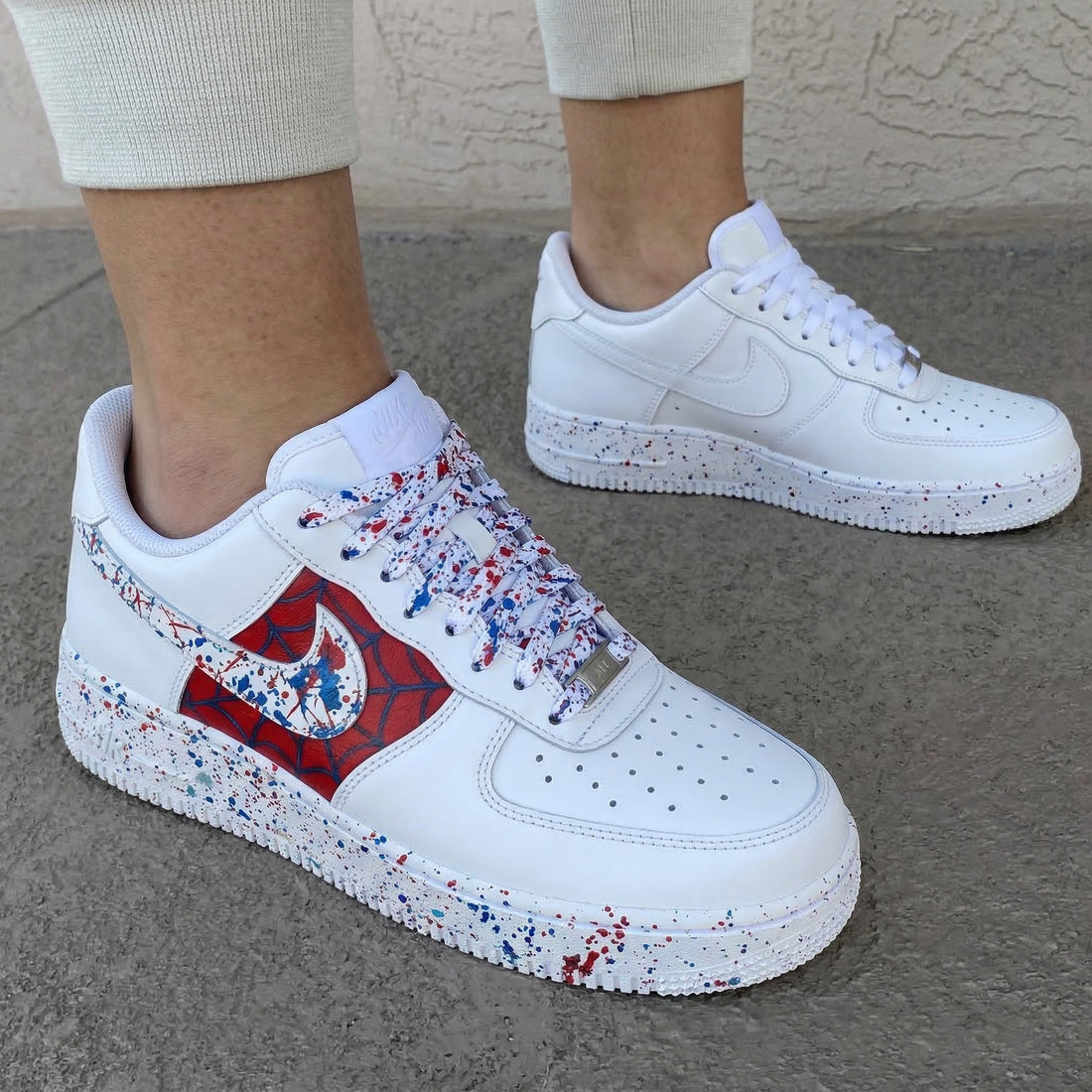 Custom AF 1s Shoes Spider Web Splatter Red Blue