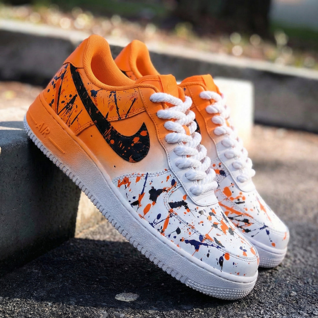 Custom AF 1s Shoes Splash Pattern Orange Black