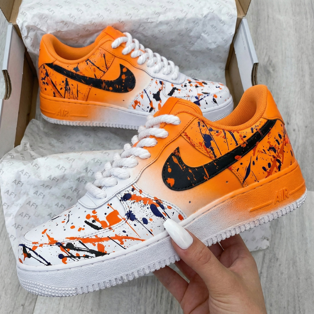 Custom AF 1s Shoes Splash Pattern Orange Black