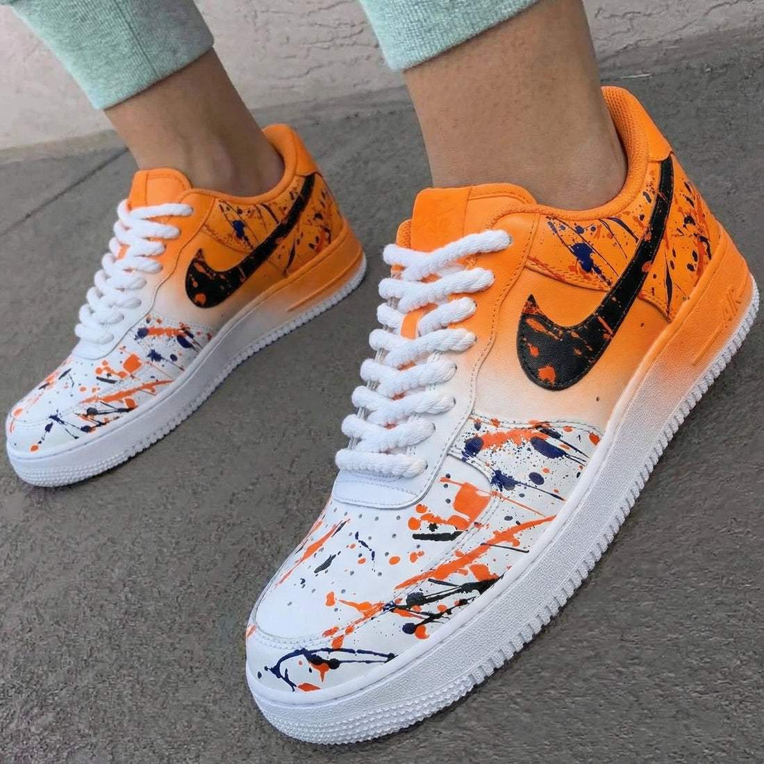 Custom AF 1s Shoes Splash Pattern Orange Black