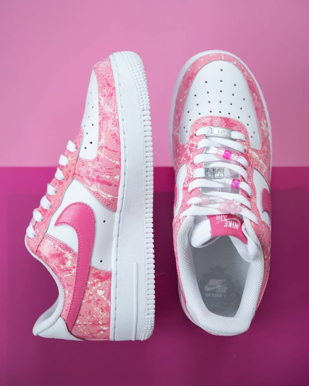 Custom AF 1s Shoes Splatter Design Baby Pink White