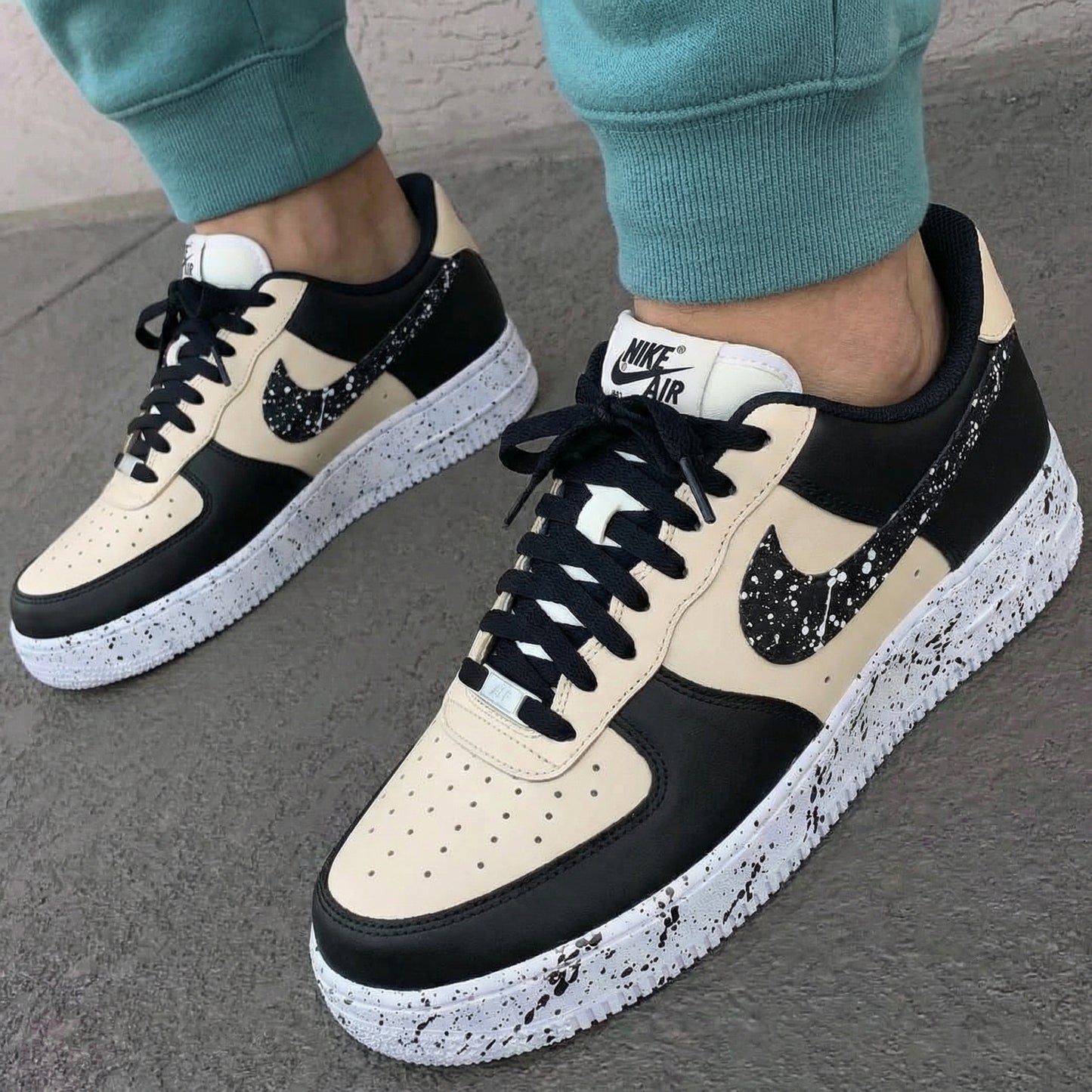 Custom AF 1s Shoes Splatter Design Beige Black