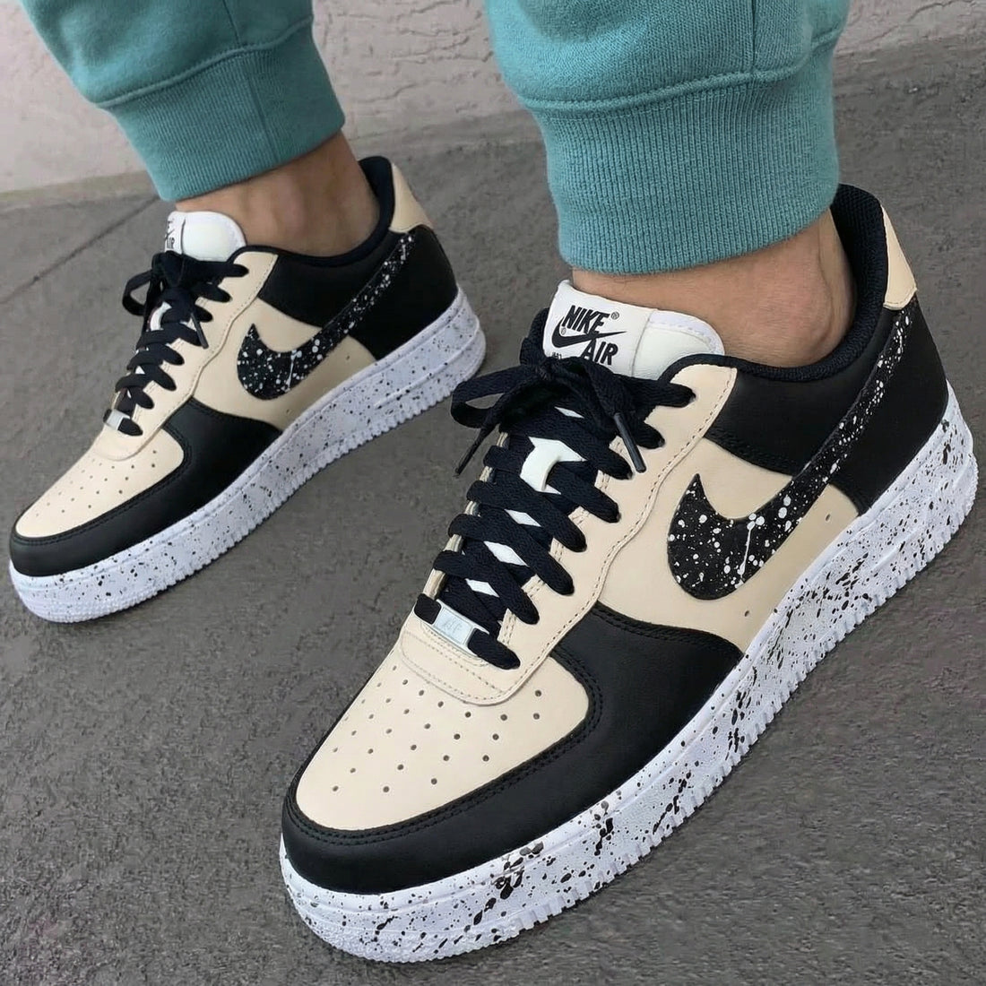 Custom AF 1s Shoes Splatter Design Beige Black