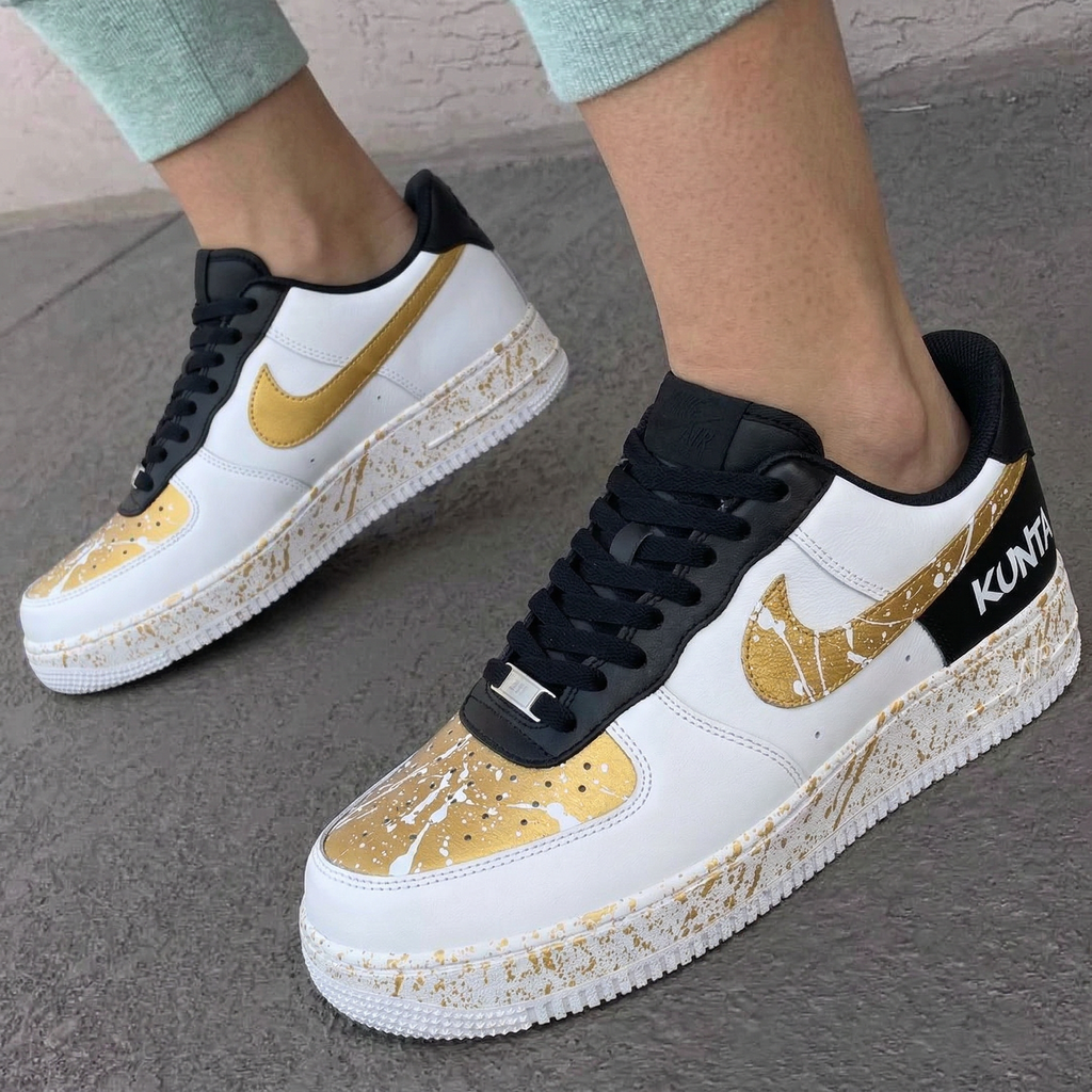 Custom AF 1s Shoes Splatter Design Gold Black