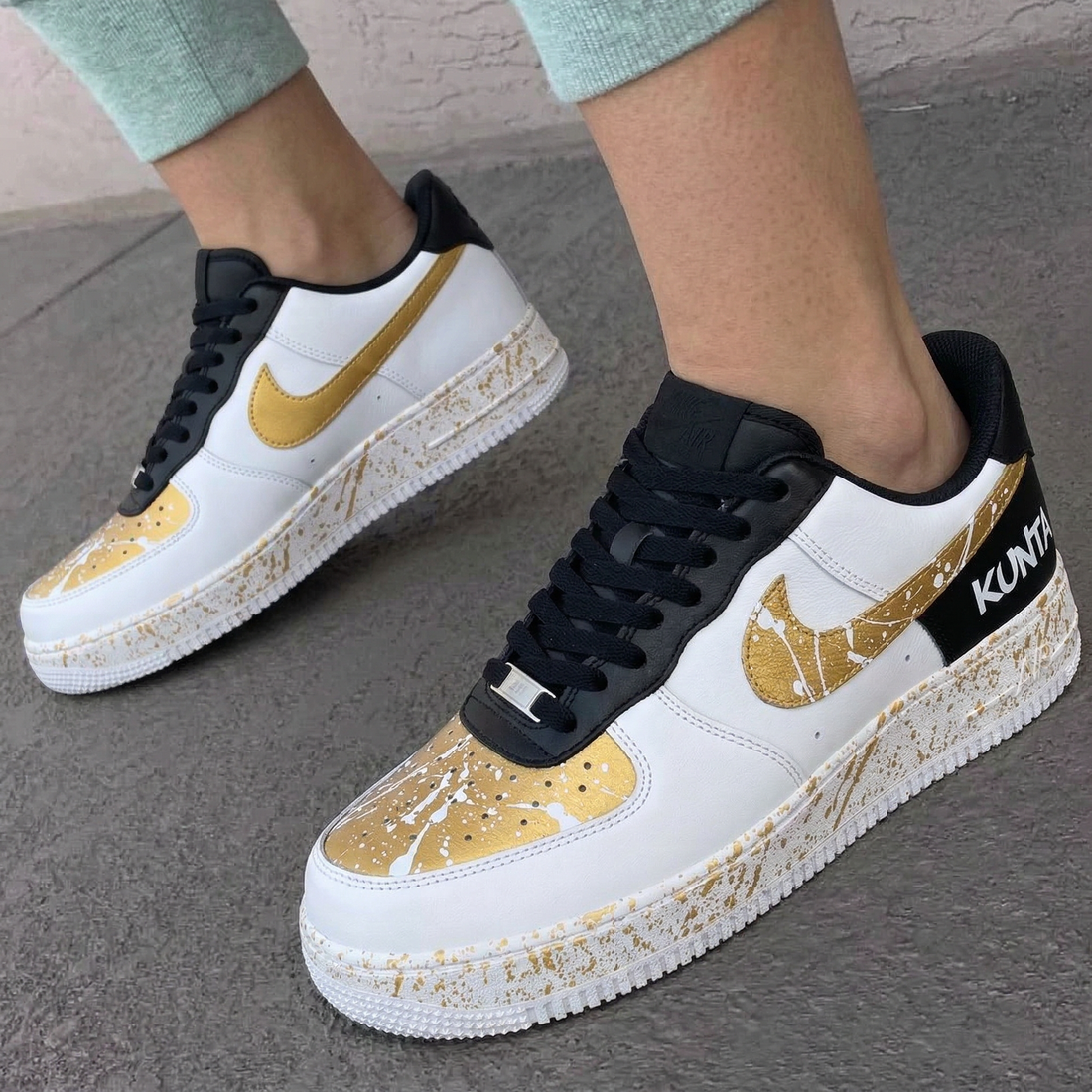 Custom AF 1s Shoes Splatter Design Gold Black