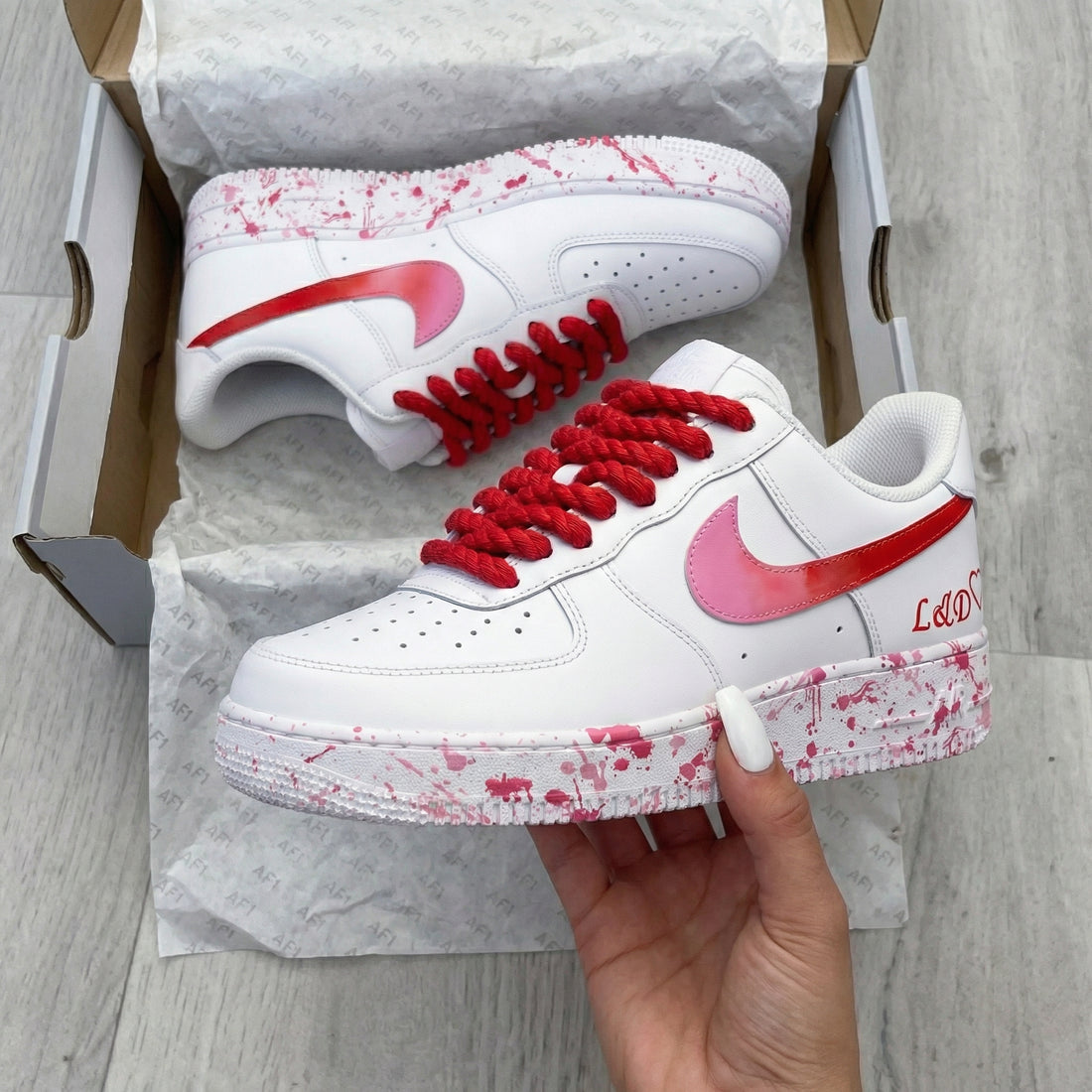 Custom AF 1s Shoes Splatter Paint Gradient Swoosh Red Baby Pink