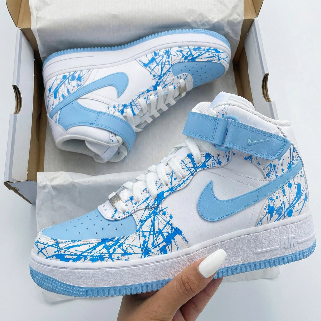 Custom AF 1s Shoes Splatter Pattern Baby Blue Blue
