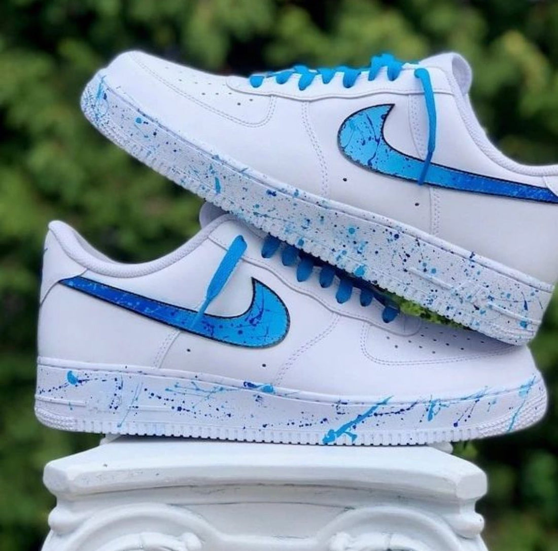 Custom AF 1s Shoes Splatter Pattern Blue Color