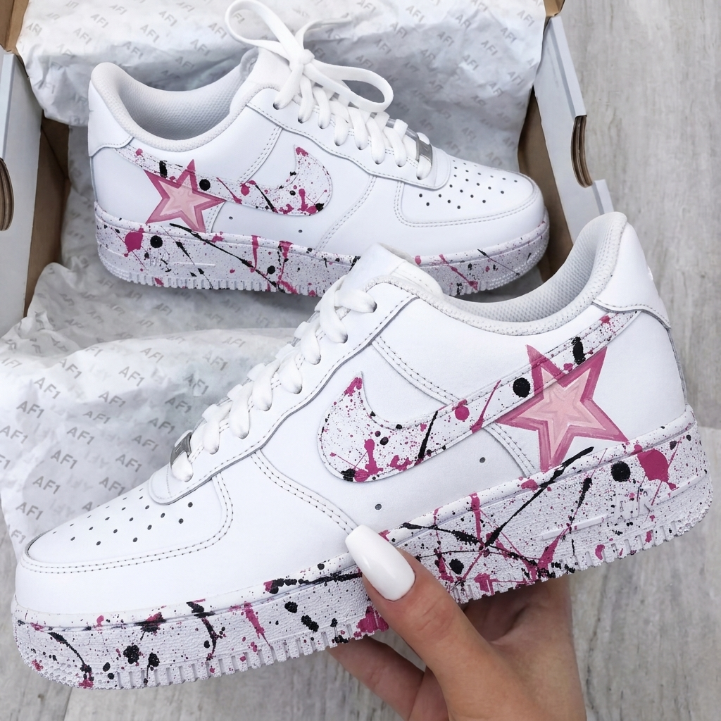 Custom AF 1s Shoes Splatter Star Baby Pink Black